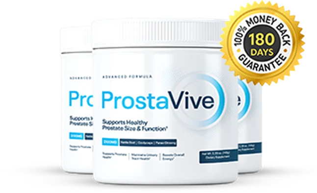 Three ProstaVive powder tubs beside a 180 days money back seal