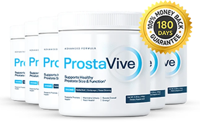 Six ProstaVive powder tubs beside a 180 days money back seal