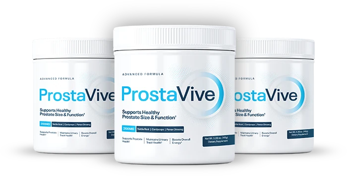 Three ProstaVive powder tubs with white lids and white and blue labels showing the ProstaVive name